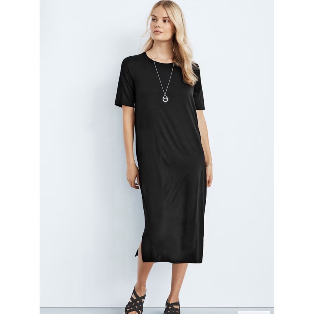 Eileen Fisher Women's Black Midi Tencel Dress Stretch Light Minimal Small $198